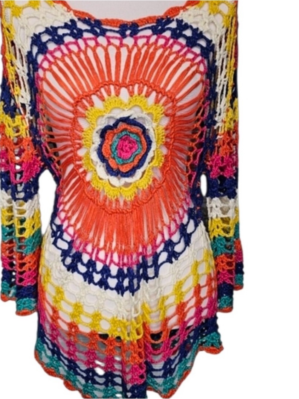 Crochet Openwork Multicolor Women’s Top - Vibrant Orange Center